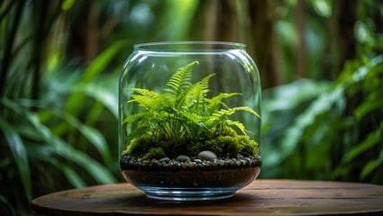 Obraz premium Terrarium with Ferns on Wooden Table in Lush Garden