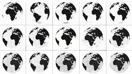 Obraz premium Black and white halftone earth globe icons in various dot patterns