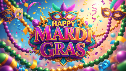 Vibrant Mardi Gras celebration with colorful beads and masks