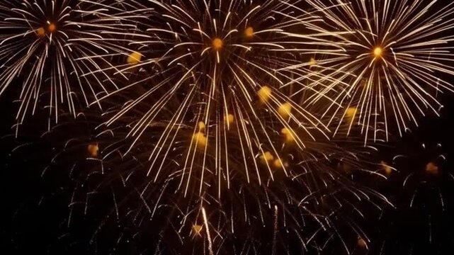 Vibrant fireworks explode in the night sky, creating a dazzling display of colorful patterns and lights, captured from a low-angle viewpoint, Proyek Baru reference