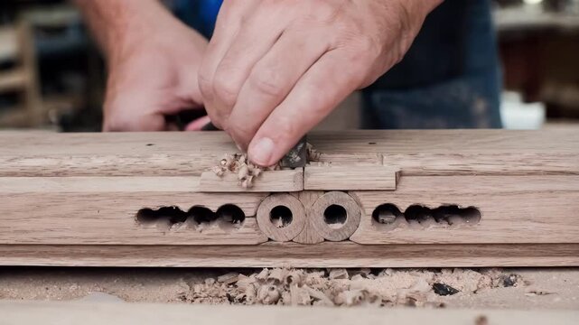 Skilled hands aligning dowel joints in a wooden table frame showcasing detailed wood grain and assembly techniques