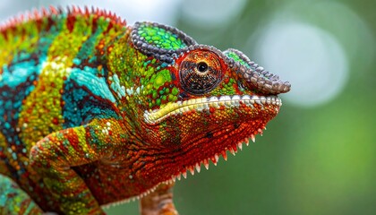 Close-up of a vibrant chameleon with intricate patterns and textures.