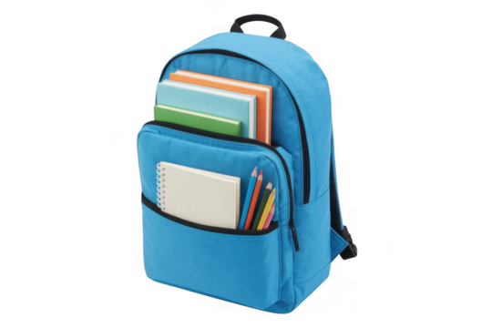 Blue backpack with school supplies books isolated on a transparent background - Powered by Adobe