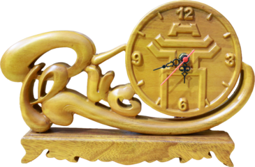 A wooden table clock with carved details on a transparent background