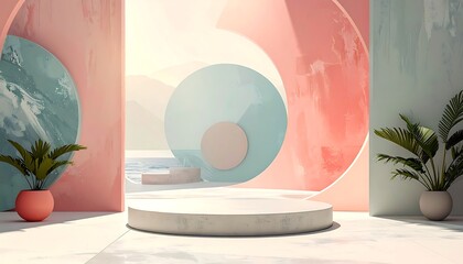 Minimalist Product Display Stage with Abstract Geometric Background.