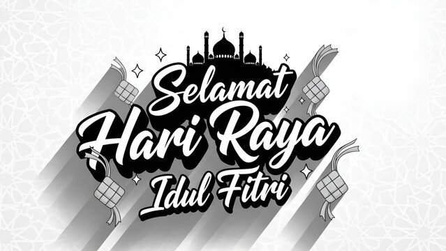 Selamat Hari Raya Idul Fitri Calligraphy with Mosque and Ketupat