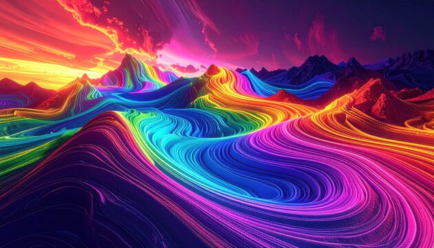 Abstract landscape of vibrant rainbow mountains with flowing neon lines under dramatic purple and orange sunset sky with clouds - Powered by Adobe