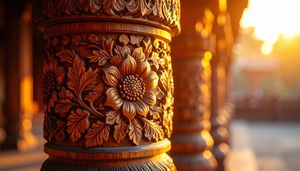 Ornate floral patterns carved into a wooden pillar showcase intricate craftsmanship during a warm sunset in a traditional temple