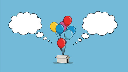 Colorful balloons lifting a box with thought bubbles surrounding them in a whimsical scene from a high viewpoint