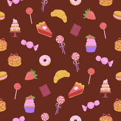 Pastry, sweets seamless pattern with сookies, piece of pie, donut, candy, chocolate, cupcake, cake. Flat vector illustration.