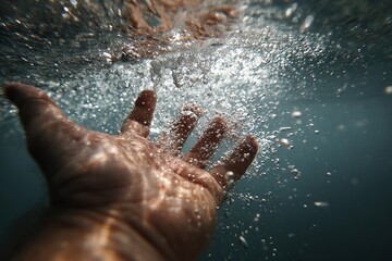 Fototapeta premium Underwater view of a human hand reaching out through bubbles and ripples in a blue aquatic environment, showcasing the fluid dynamics of water and light interaction