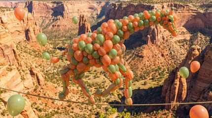 Whimsical balloon giraffe on a tightrope in a desert canyon