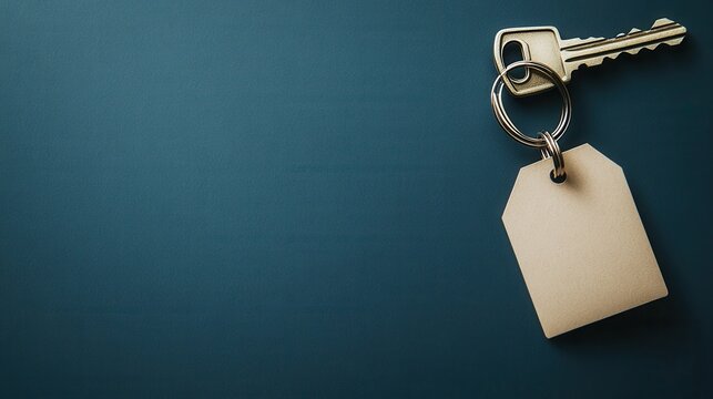 set of keys with blank tag on dark blue surface, ready for labeling and messaging, perfect for rental, leasing or property management concepts, crisp metal rings and flatlay composition