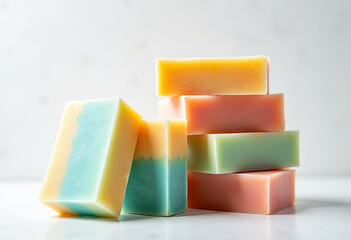 Colorful artisan soaps stacked, white background, clean minimal style