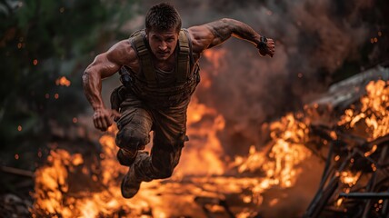 Naklejka premium Tactical action hero leaps through explosion and burning wreckage in high-stakes blockbuster movie scene with intense fire, smoke, and dynamic motion
