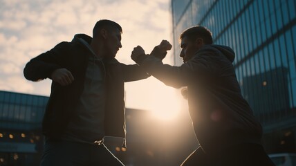 Urban street fighters sparring at sunset with sunlight streaming between skyscrapers in dramatic action scene