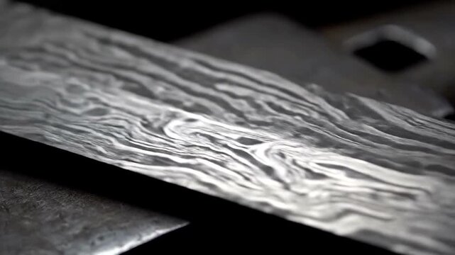Close up of Damascus steel blade with intricate wavy patterns.