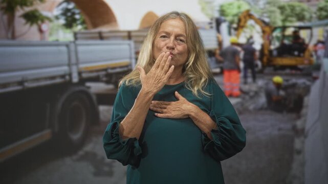 Senior woman with hands on chest blows kiss on street near roadwork truck and excavator; gratitude.