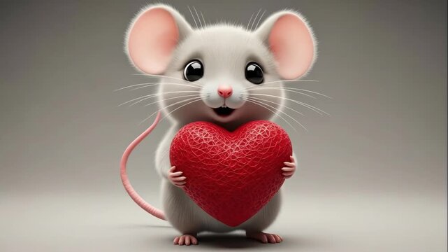 Cute cartoon mouse character holding a large red heart, showcasing affection and charm, with a soft background emphasizing the heart's vibrant color and texture