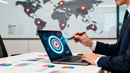 Businessman pointing at target on laptop screen