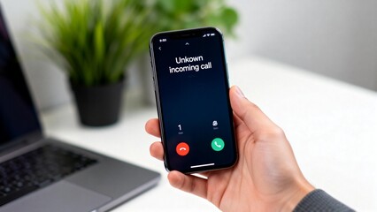 Hand holding smartphone with unknown call