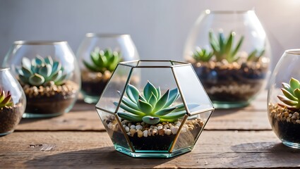 Obraz premium Succulent Terrariums on Wooden Table Decorative Indoor Plants