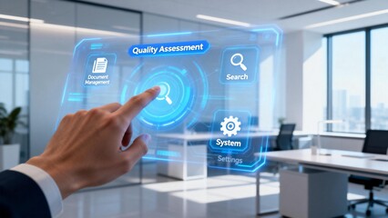 Hand interacting with holographic quality assessment interface