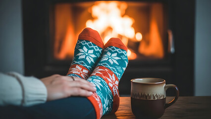 Feet in patterned socks near fireplace with mug