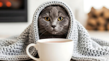 Gray cat wrapped in knitted blanket with cup of tea