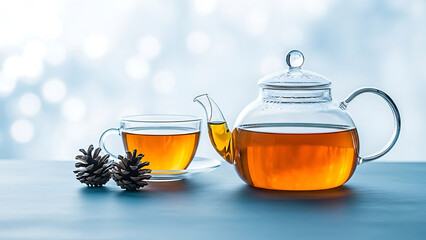 Glass teapot and cup of amber tea with pine cones