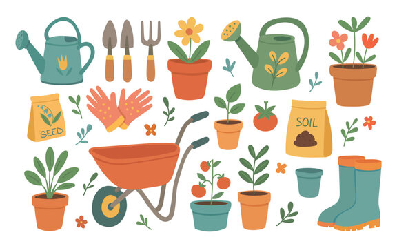 Playful gardening illustration set featuring tools, pots, and seedlings, great for home growing guides, spring activities articles, and hobby lifestyle content.