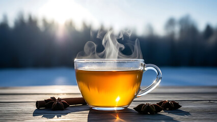 Hot tea in glass cup with star anise and cinnamon stick