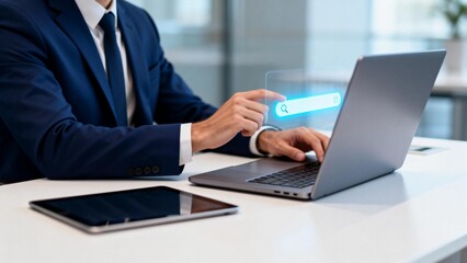 Businessman using laptop with hologram search