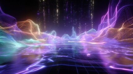 Abstract digital landscape with colorful neon wireframe structures and glowing lights