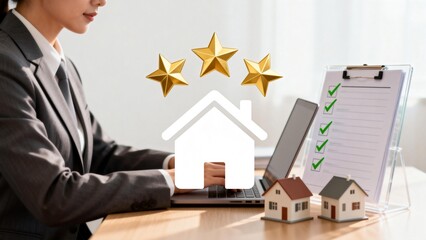 Businesswoman working on laptop with house icons