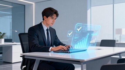 Businessman working on laptop with hologram