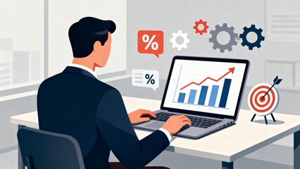 Businessman working on laptop with charts