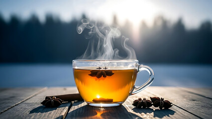 Steaming hot tea with star anise and cinnamon in winter