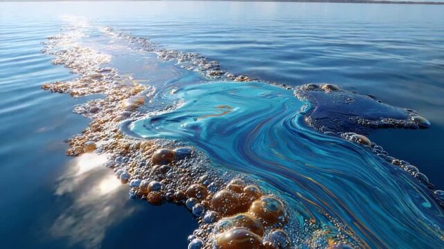 Water Pollution and Environmental Damage: A visual testament to pollution, showcasing a stream of oil or chemical effluent spreading across the water's surface, reflecting light.