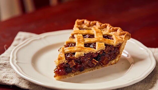 Rich fruit pie slice on plate sweet pastry baked good filling dessert. fruit pie pie slice, dessert.