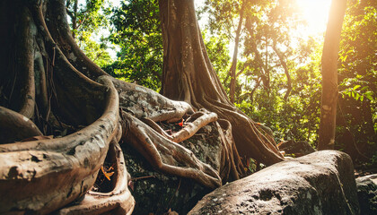 Massive tree roots weaving through rocks, dense jungle greenery on background, warm sunlight