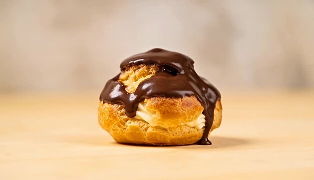 Sweet cream puff pastry dessert with melted dark chocolate glaze topping cream puff pastry, baking,.