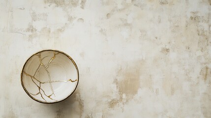 Fototapeta premium Gold repaired ceramic bowl on distressed surface, overhead composition highlighting hairline golden veins, muted beige palette with soft shadows, refined product photography mood for ecommerce