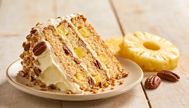 Decadent pineapple pecan cake slice with creamy frosting and nuts on a plate with fruit cake, dessert, sweet.