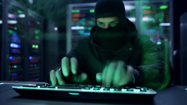 Mysterious hacker in dark hoodie intensely focused on laptop, surrounded by glowing screens and digital data streams, evokes urgency and secrecy in high stakes cybersecurity operation