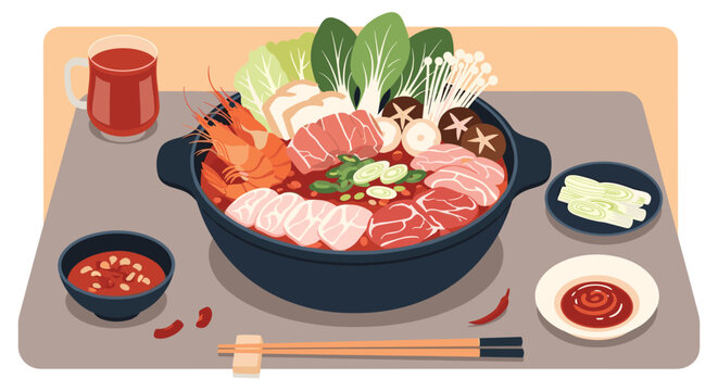 Elaborate spicy hot pot feast featuring meat, shrimp, vegetables, mushrooms, and tofu in a large pot with various dipping sauces.