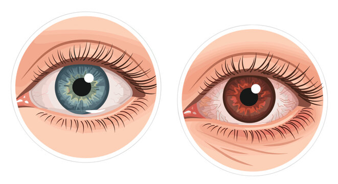 Detailed illustration of two human eyes one with a blue iris and the other with a brown iris both showing clear white sclera.