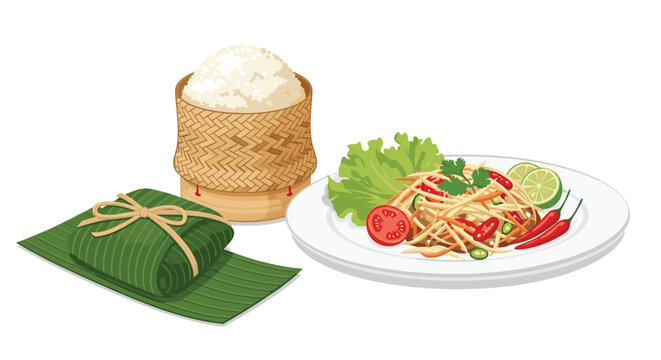 Authentic Thai meal featuring spicy papaya salad or Som Tum on a white plate served with sticky rice in a woven basket and leaf-wrapped food.