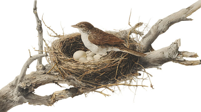 Bird sitting on nest with eggs isolated on white background