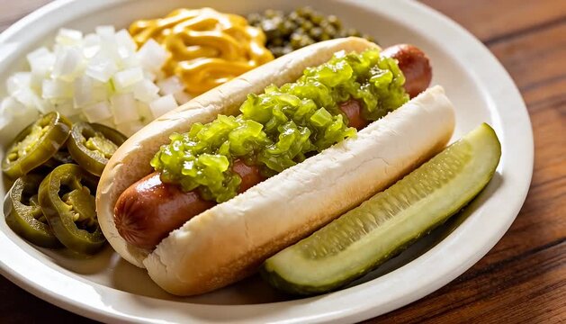 Classic beef hot dog with relish mustard onions jalape&ntilde;os pickles meal on plate hot dog beef frankfurter.